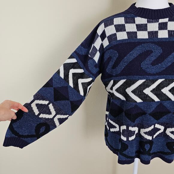 Vintage JJ Browne M/L Unisex Abstract Blue Sweater Knit Pullover 80s 90s Retro - Picture 7 of 10